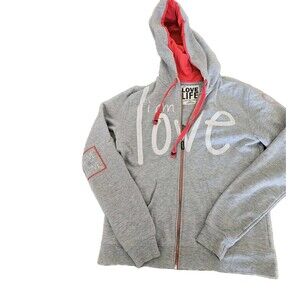Peace Love World Hoodie Womens Medium Gray Full Zip Red Trim Logo